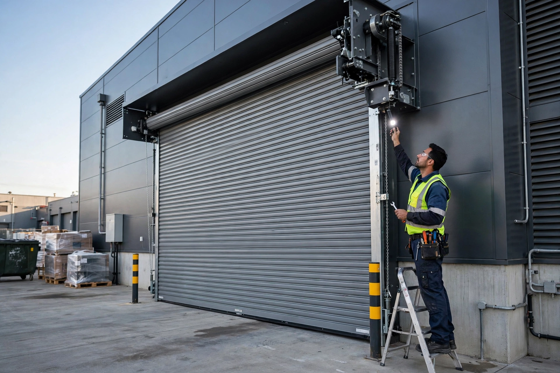 Technician servicing a commercial rolling steel door in California