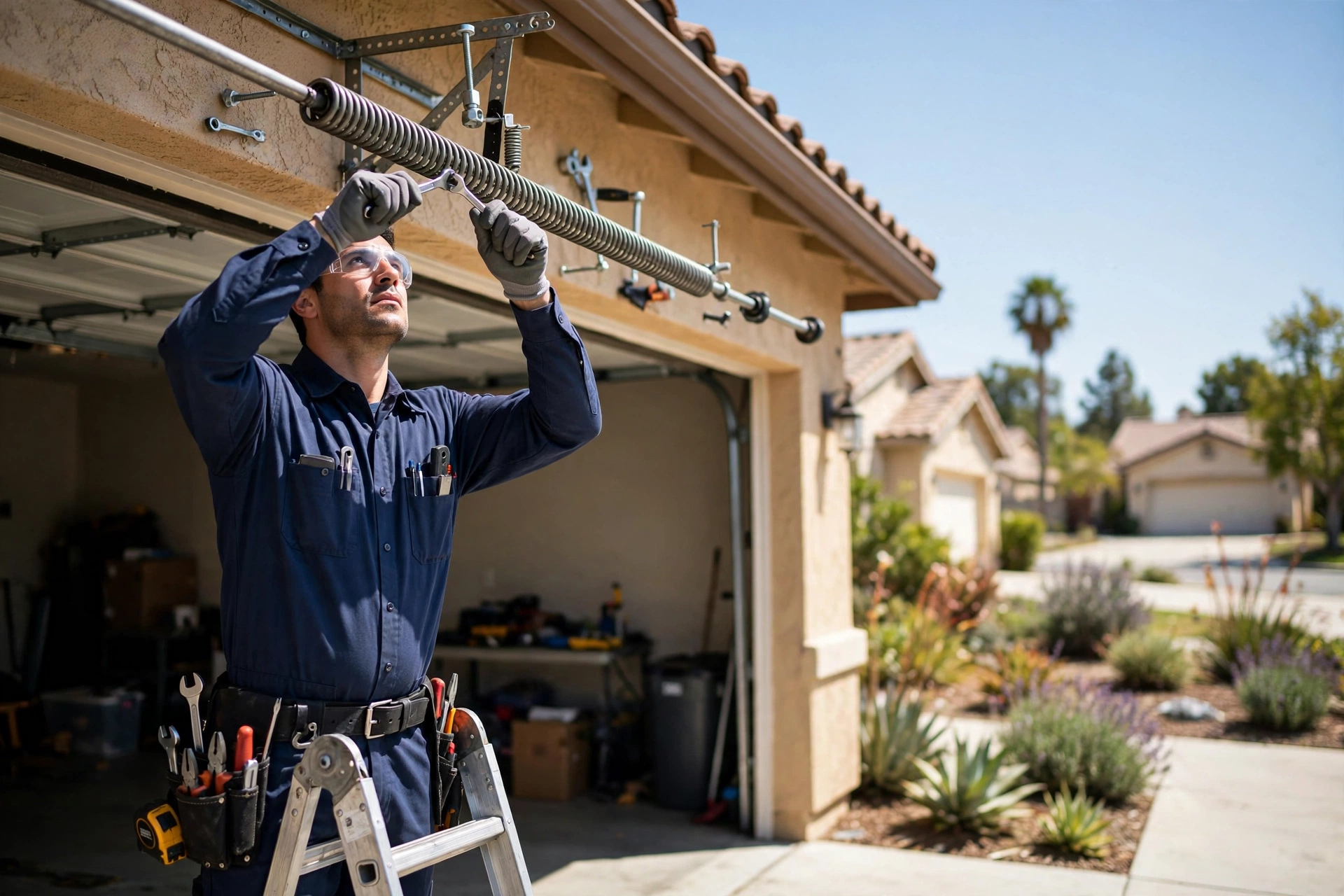 Garage Door Repair Pros technician repairing a garage door spring in California