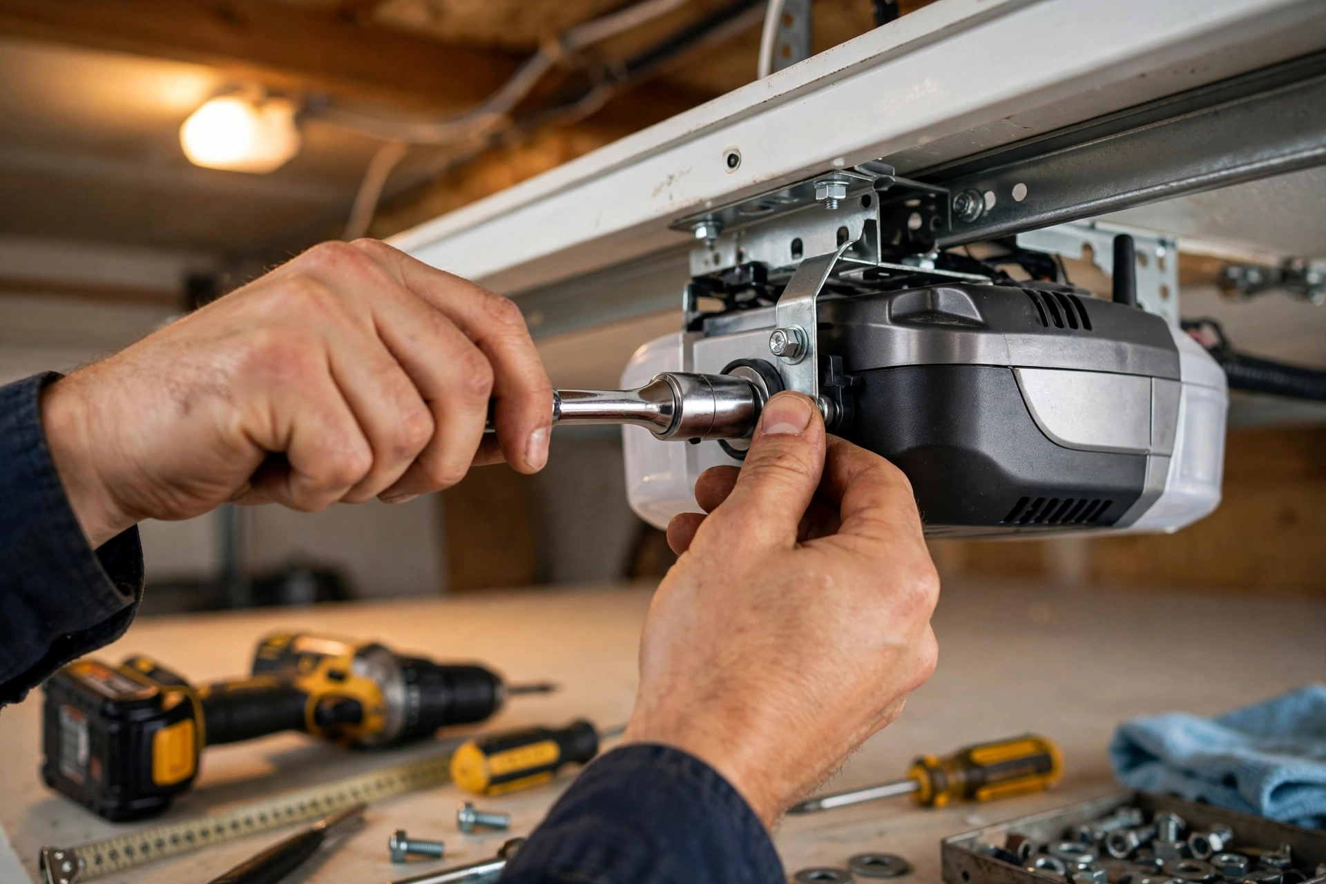 Technician installing a new garage door opener in a California garage